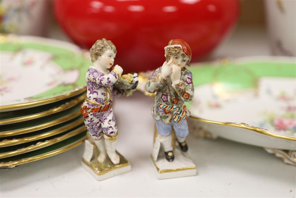 Royal Crown Derby 7 piece part dinner service, pair Continental porcelain figures, a pair of vases & glass vase